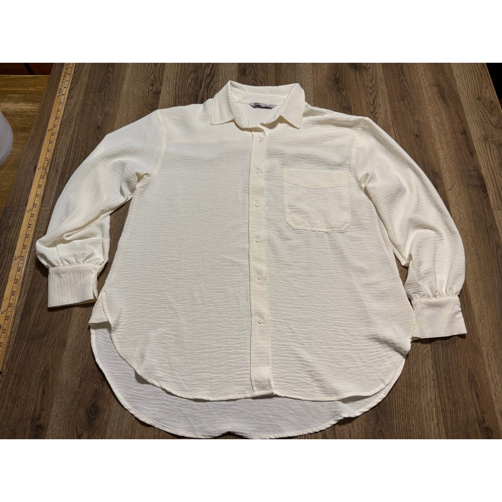 SO Goods For Life Shirt Womens Size XL Ivory Button Down Crinkle Textured Pocket
